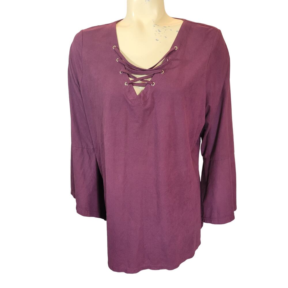 Relativity Purple Prune V-Neck Lace Up Bell‎ Sleeve Blouse Women's Size XL